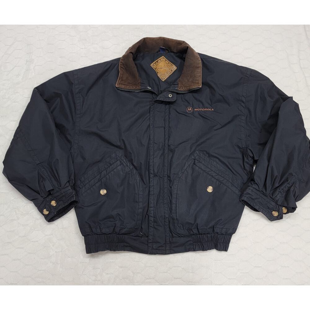 Vtg Motorola Gear For Sports Mens XL Bomber Jacket Black Leather Collar Quilted